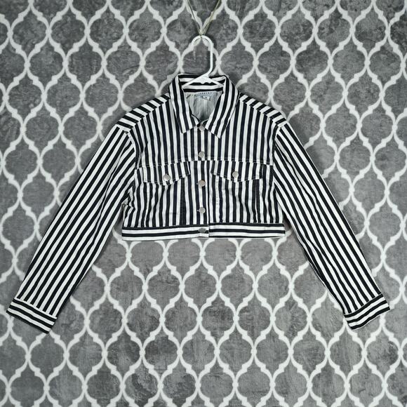 Jacket Womens Medium Black White Striped Cropped Button Stretch FAVLUX - Picture 3 of 12